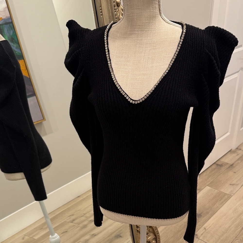 Express Black V-Neck Sweater with Rhinestone Trim